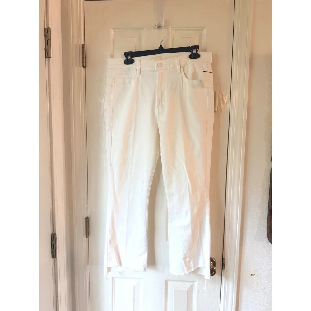 Mother The Insider High Rise Crop Step Fray Bootcut Jeans White 33